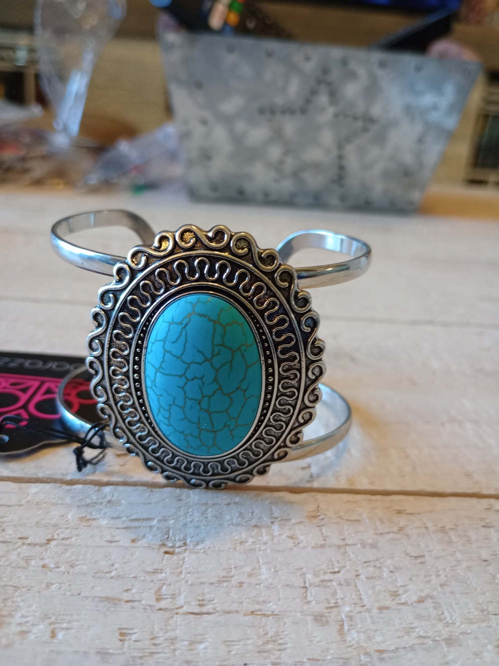 paparazzi Turquoise Oval Stone Silver-Tone Cuff Bracelet